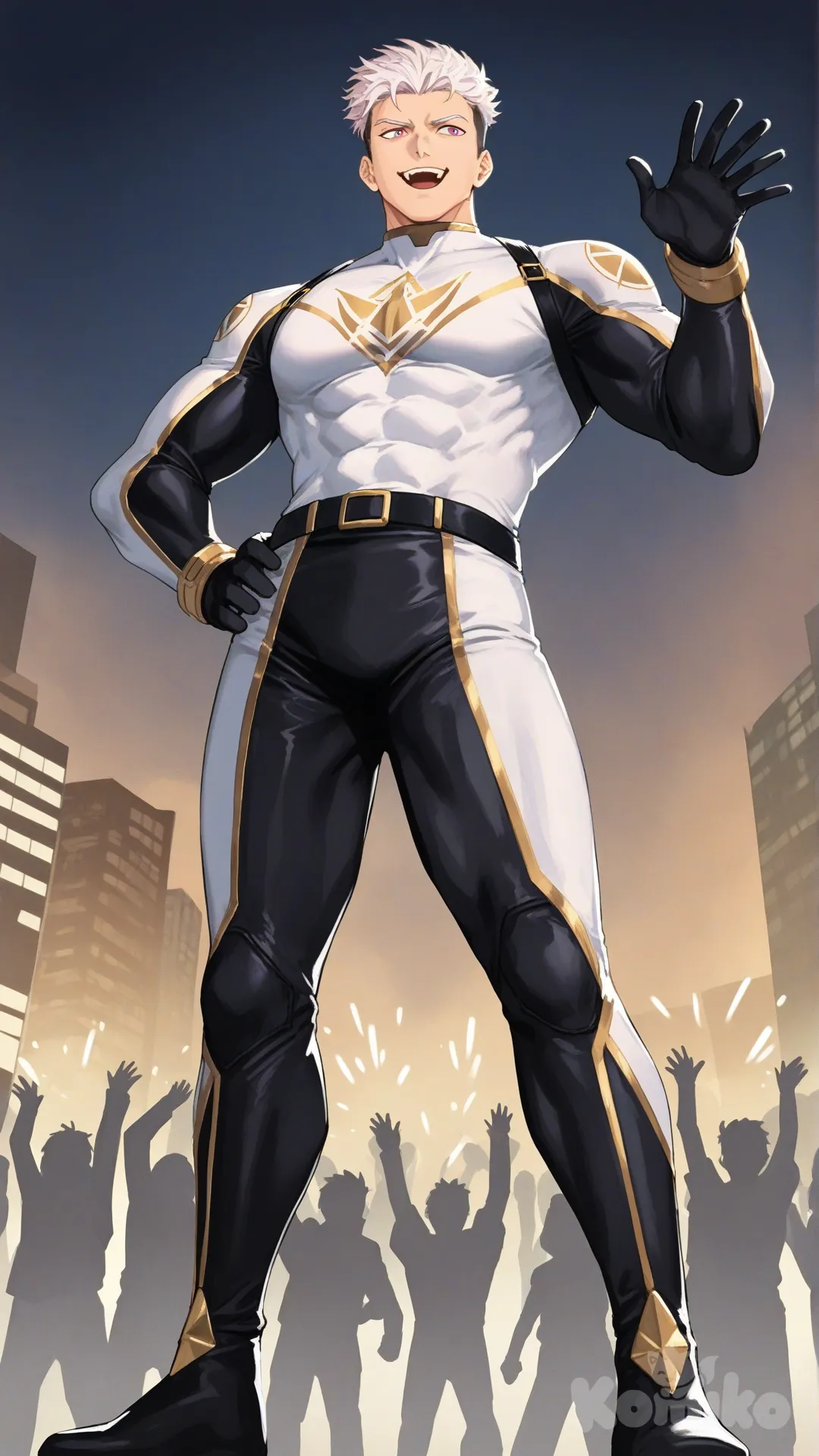 1boy, solo, from below, city, main street, surrounded by citizen, cheering by citizen,

Characters:
First character: Superhero, Yuuto Nakajima, Jock Studio, giant body, atletic body, spiky peach hair color undercut, pink eyes, peach skin tone, black gloves, he's wearing three tone white with black and gold strap tight suit, superhero suit, [serious-man-style], full body, standing, wave one hands, one hands on hips, smile, open mouth, looking away