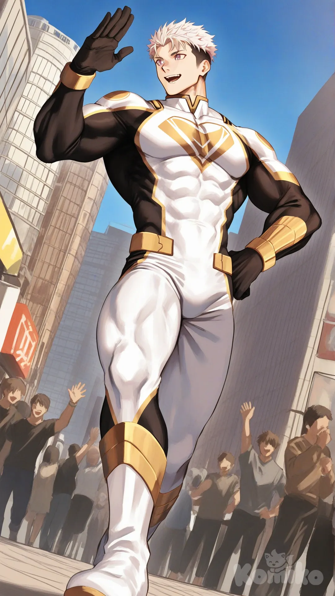 1boy, solo, from below, city, main street, surrounded by citizen, cheering by citizen,

Characters:
First character: Superhero, Yuuto Nakajima, Jock Studio, giant body, atletic body, peach hair color undercut, pink eyes, peach skin tone, black gloves, he's wearing three tone white with black and gold strap tight suit, superhero suit, [serious-man-style], full body, standing, wave one hands, one hands on hips, smile, open mouth, looking away