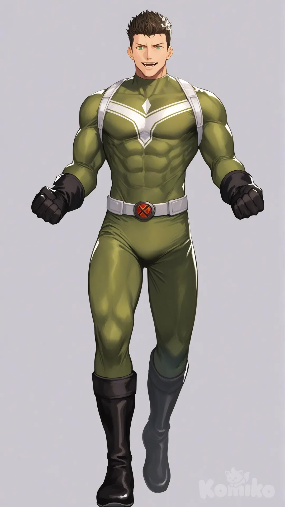 1boy, solo, front profile photo, white background,

Characters:
First character: Superhero, Matt Carter, Jock Studio, athletic body, low taper quiff cut olive hair color, green eyes, medium skin tone, black gloves, he's wearing three tone green with black and white strap tight suit, superhero suit, [serious-man-style], full body, standing, looking at viewer, abdominal pose, smile, open mouth