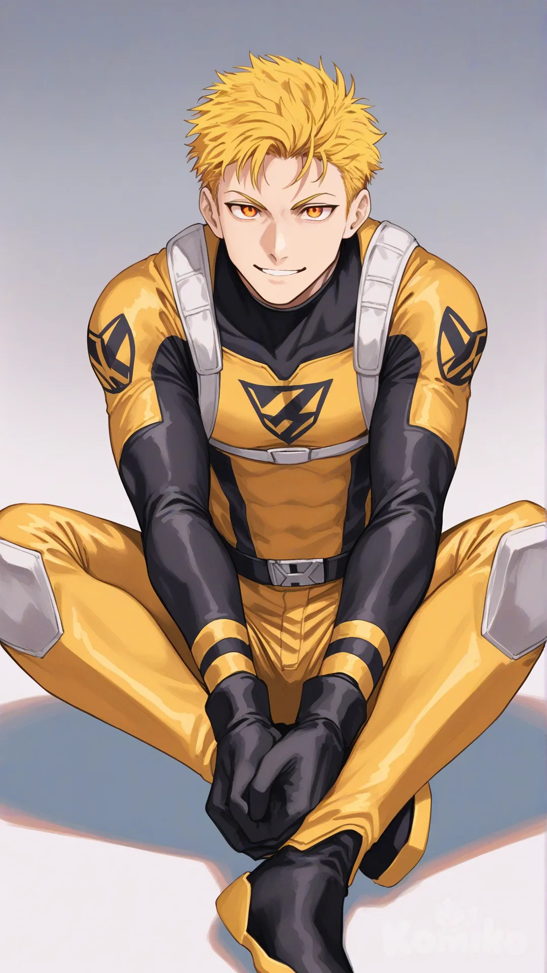 1boy, solo, white background, front profile photo,

Characters:
First person: Superhero, Leo Mendez, Jock Studio, fibrant yellow hair color, large orange eyes, medium skin tone, slim body, he's wearing three tone yellow with black and white strap tight suit, superhero suit, black gloves,[serious-man-style], standing, full body, smile, looking at viewer, sitting on the ground