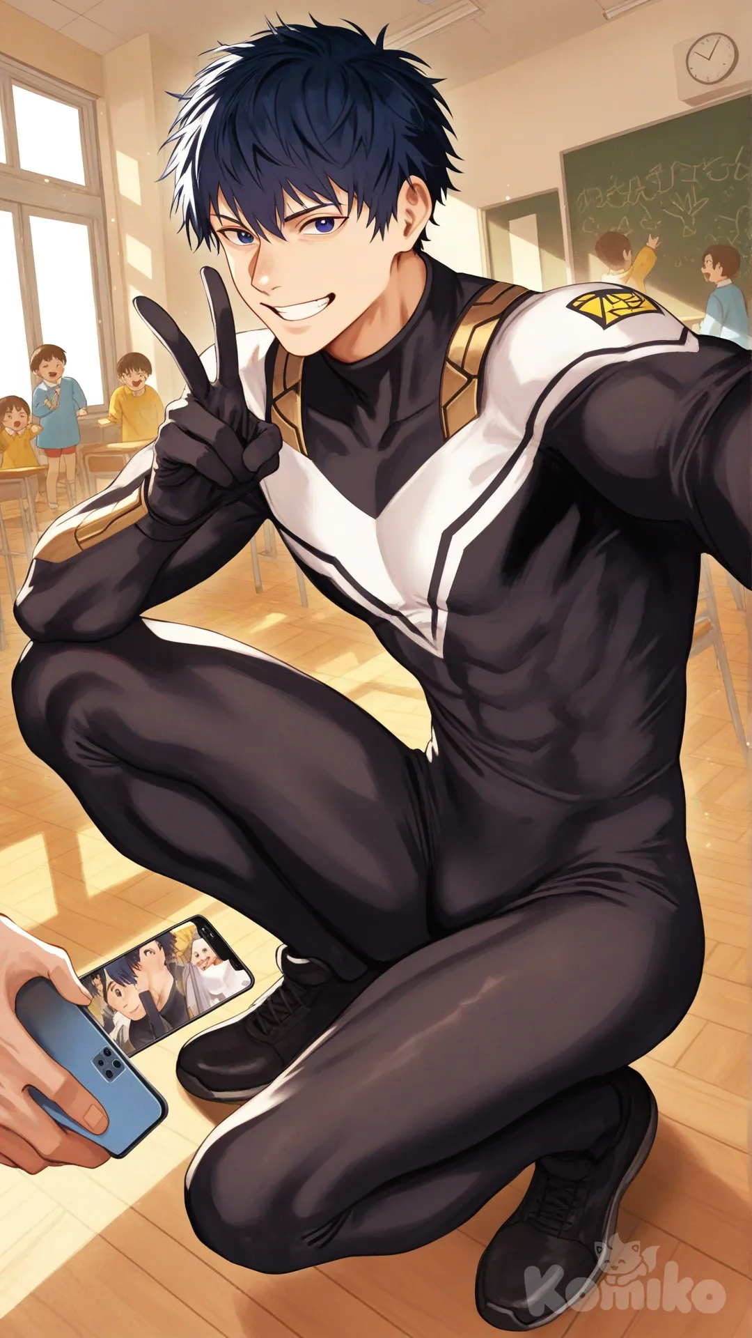 1boy, solo, kindergarten, kindergarten children, class, welcomed by children's, cheering, happy, selfie with children, 

Characters:
First character: Superhero, Ace Anderson, Jock Studio, slim-fit body, dark blue hair textured crop, dark blue eyes, medium skin tone, black gloves, he's wearing three tone black with white and gold strap tight suit, superhero suit, [serious-man-style], full body, standing, smile, looking at viewer, v sign, squat