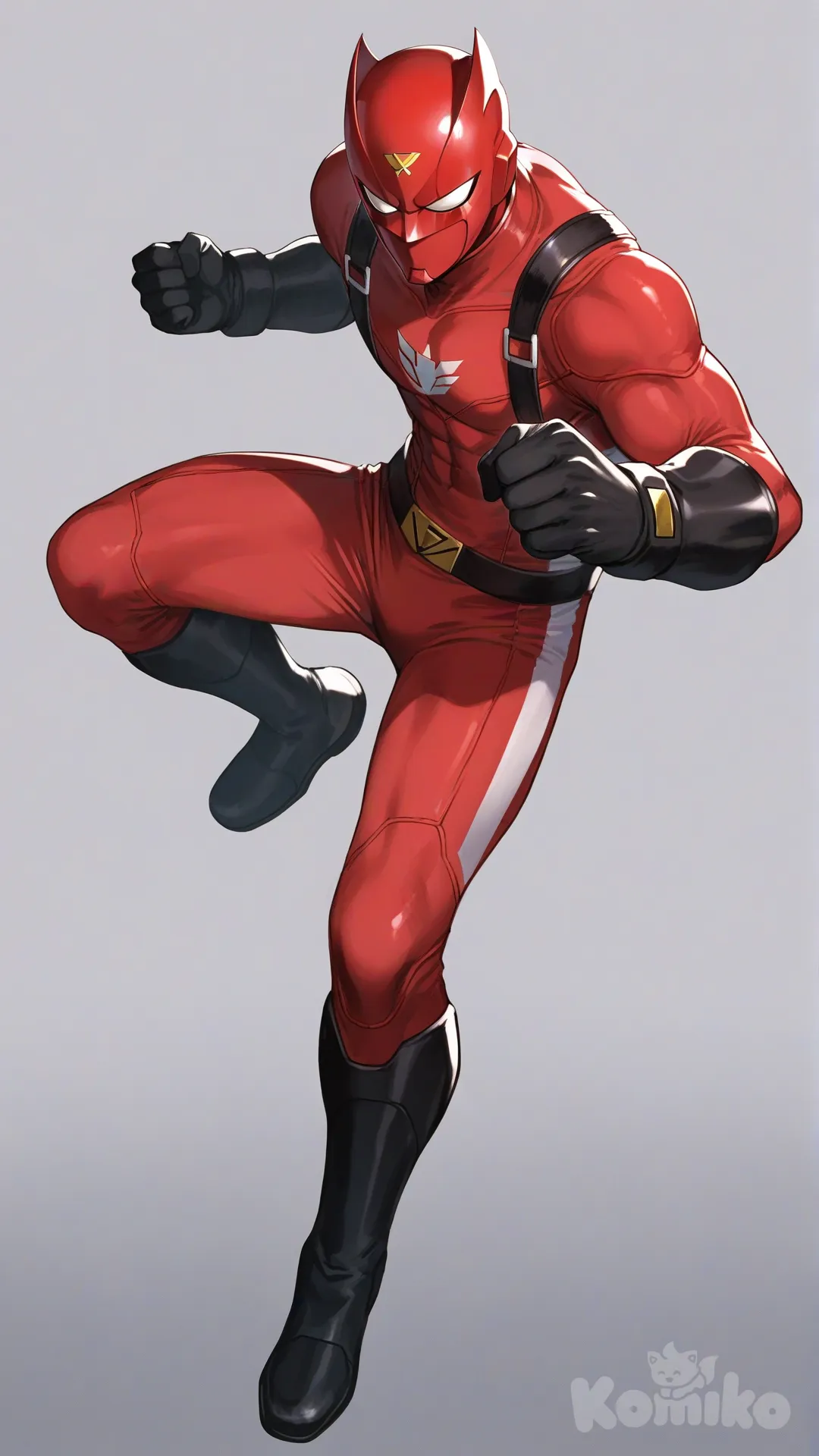 1boy, solo, white background, front profile photo, looking at viewer, 

Characters: First character: Superhero, Derek Kingsfield, Jock Studio, muscular body, full cover helmet, black gloves, he's wearing three tone red with black and white strap tight suit, superhero suit, [serious-man-style], full body, standing, fighting stance