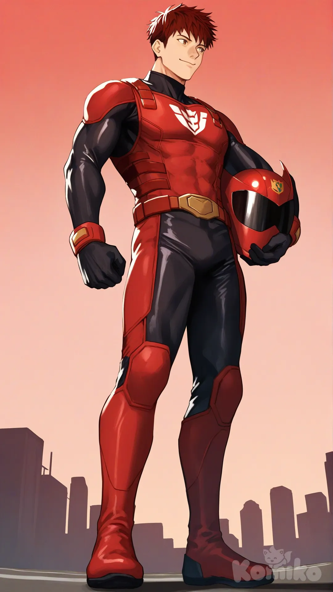 1boy, solo, from below, city, main street , cheered by citizen, looking away, 

Characters:
Firsson: Derek Kingsfield, Jock Studio, short dark red hair, brown eyes, warm peach skin tone, thin smile, black gloves, wears all red tight suit, superhero suit, adult, giant body, muscular body, [serious-man-style], full body, standing, city background, superhero, unworn helmet