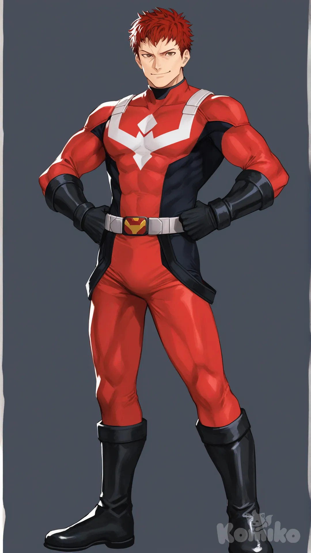 1boy, solo, white background, front profile photo, looking at viewer, 

Characters:
First character: Superhero, Derek Kingsfield, Jock Studio, muscular body, brown eyes, short dark red hair, warm peach skin tone, black gloves, he's wearing three tone red with black and white strap tight suit, superhero suit, [serious-man-style], full body, standing, smile, hands on own hips, thumbs up