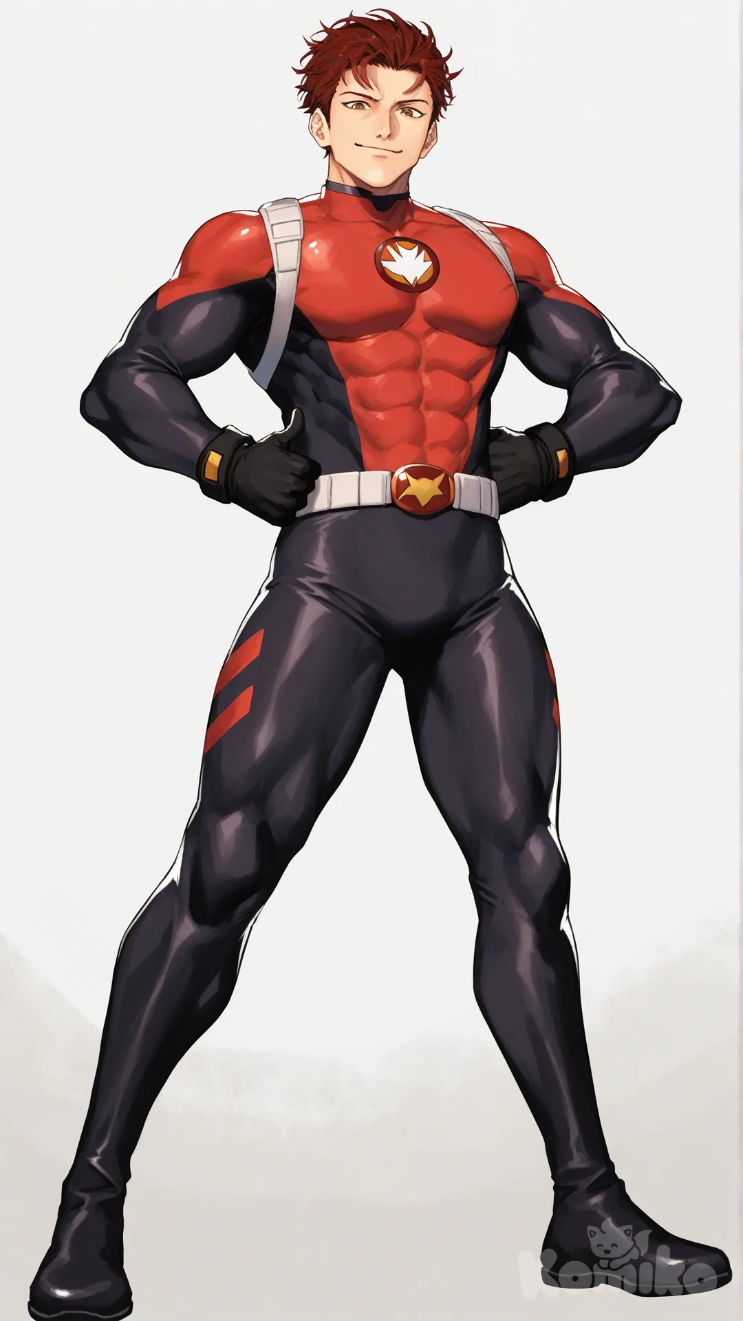 1boy, solo, white background, front profile photo, looking at viewer, 

Characters:
First character: Superhero, Derek Kingsfield, Jock Studio, muscular body, brown eyes, short dark red hair, warm peach skin tone, black gloves, he's wearing three tone red with black and white strap tight suit, superhero suit, [serious-man-style], full body, standing, smile, hands on own hips, thumbs up