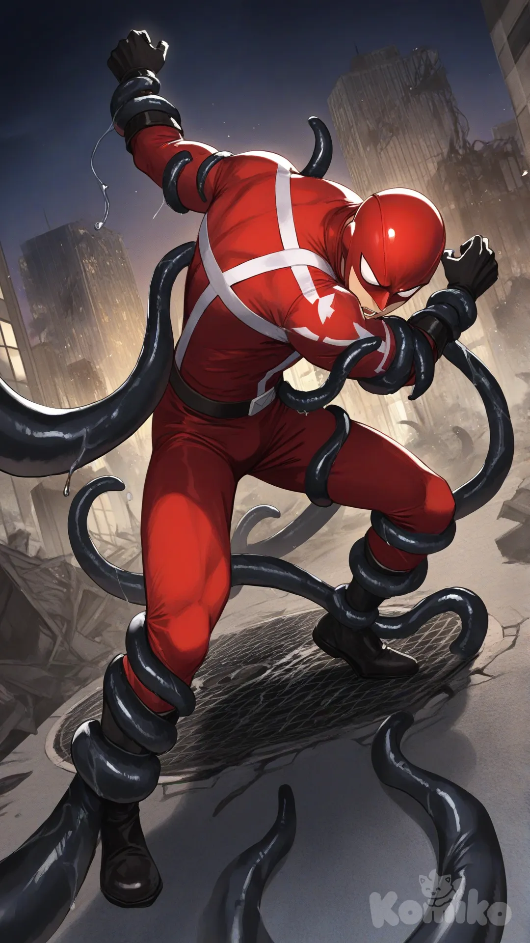 1boy, solo, building crashed, main street background, from front, POV villain, 

Characters:
First character: Superhero, Derek Kingsfield, Jock Studio, muscular body, black gloves, he's wearing three tone red with black and white strap tight suit, superhero suit, [serious-man-style], full body, standing, fighting stance, torn suit, slime tentacles came out from sewer hole, catched, startled, surrounded by tentacles