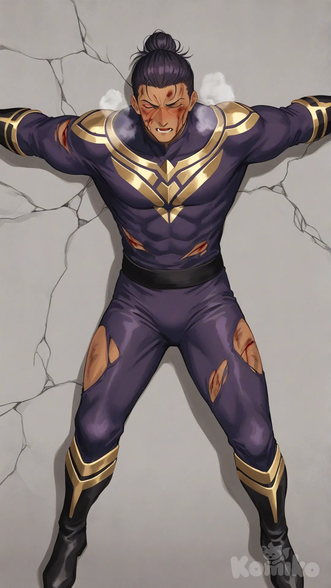 1boy, solo, on the ground, from above, asphalt background, 

Characters:
First person: Superhero, Zayne Alexander, Jock Studio, muscular body, purple eyes, purple man-bun hair, dark skin tone, mature, wears purple base with black and gold line superhero suit, superhero suit, [serious-man-style], full body, lying on the ground, open arm, spreadeagle, superhero, blush, heavy breathing, torn suit, bruise on face, eye closed, forehead bleeding, injured, wince