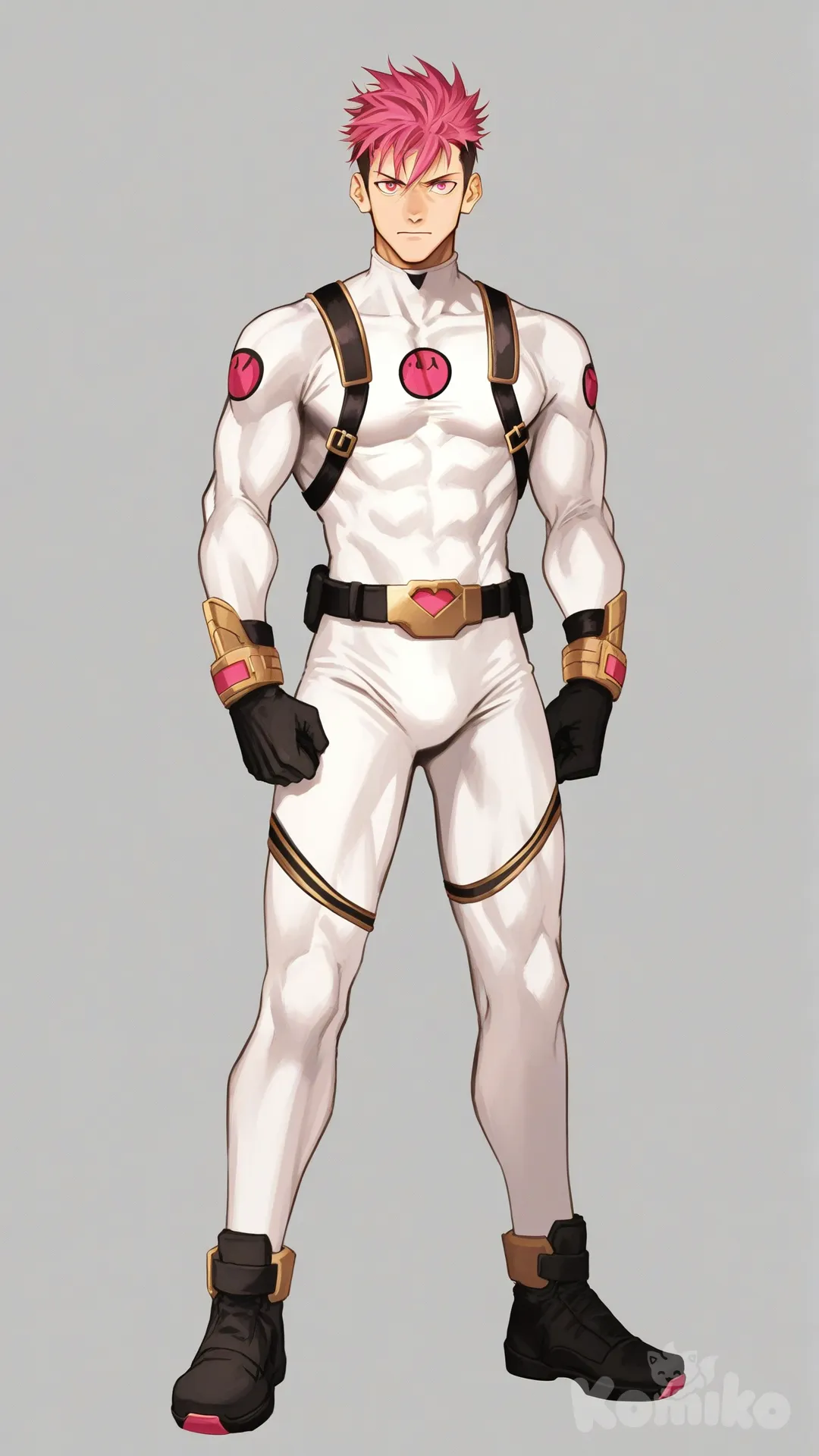 1boy, solo, looking at viewer, white background, front view,

Characters:
First character: Superhero, Yuuto Nakajima, mature, Jock Studio, athletic body, pink eyes, peach spiky undercut hair color, peach skin tone, mature, black gloves, wears three tone white with black and gold strap tight suit, superhero suit, [serious-man-style], full body, standing