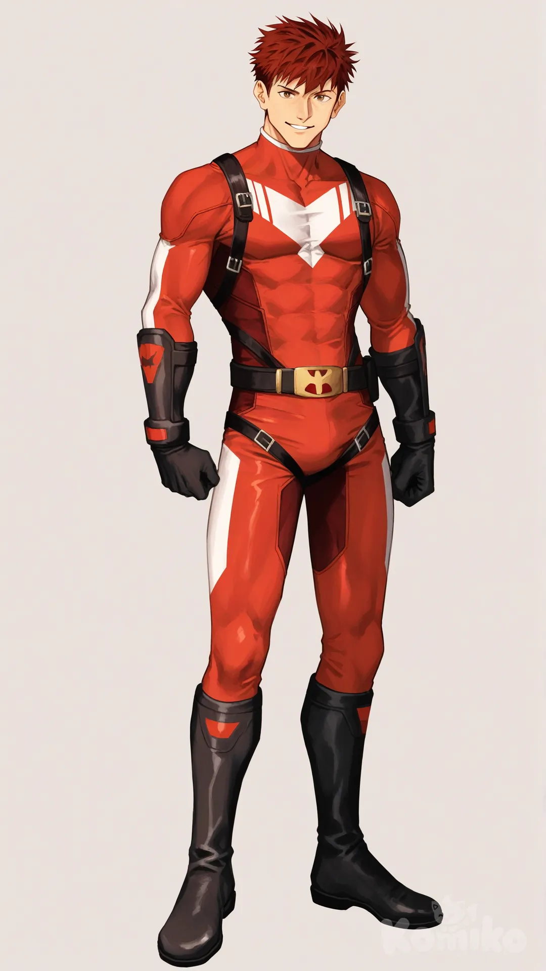 1boy, solo, white background, front view, fron profile photo, looking at viewer,

Characters:
First character: Superhero, Derek Kingsfield, Jock Studio, muscular body, brown eyes, short dark red hair, warm-peach skin tone, black gloves, [serious-man-style], wears three tone red with black and white strap tight suit, superhero suit, full body, standing, optimistic smile