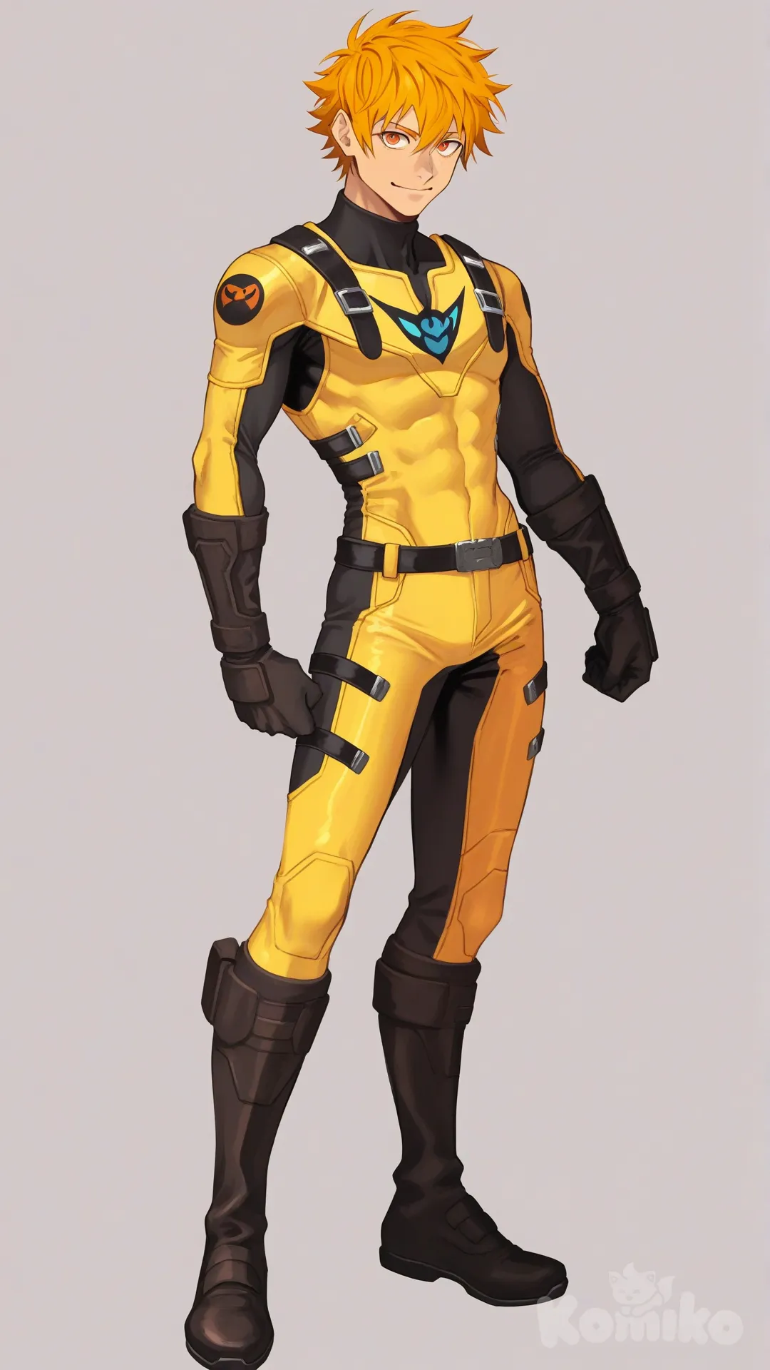 1boy, solo, white background, front view, fron profile photo, looking at viewer,

Characters:
First character: Superhero, Leo Mendez, Jock Studio, fibrant yellow hair color, large orange eyes, medium skin tone, slim body, he's wearing three tone yellow with black and white strap tight suit, superhero suit, black gloves,[serious-man-style], wears three tone yellow with black and white strap tight suit, superhero suit, full body, standing, closed mouth, smile