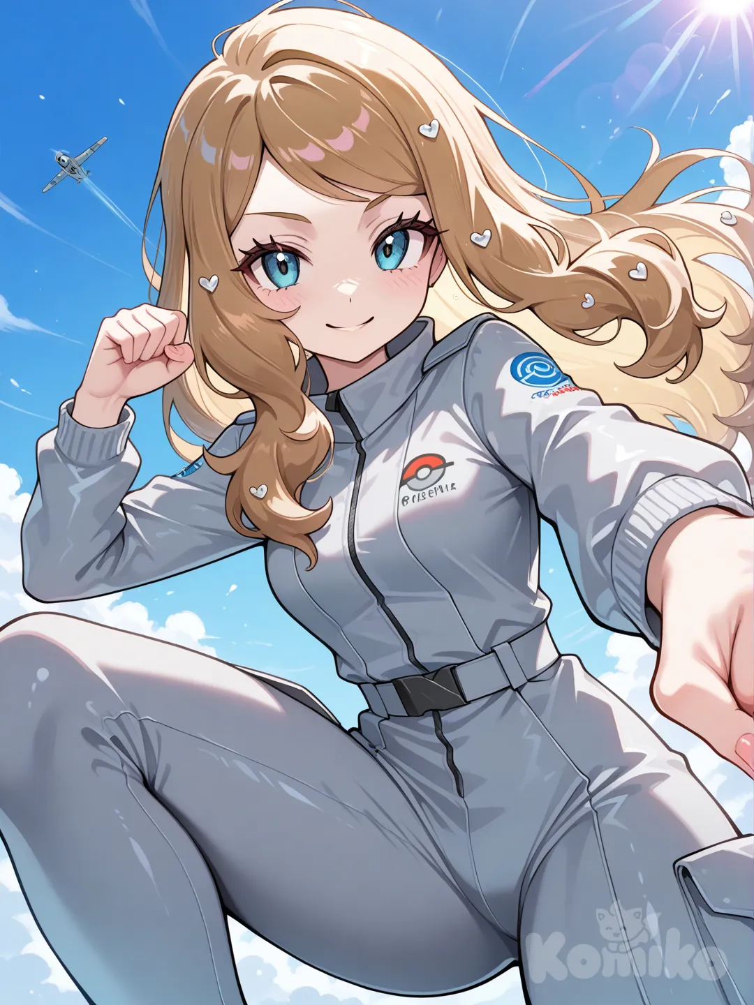 @Serena_(Pokemon) close up, sky battling, white-grey flightsuit, @Sonia_(Pokemon) body shape, looking at viewer, blue sky, sunlight, happy