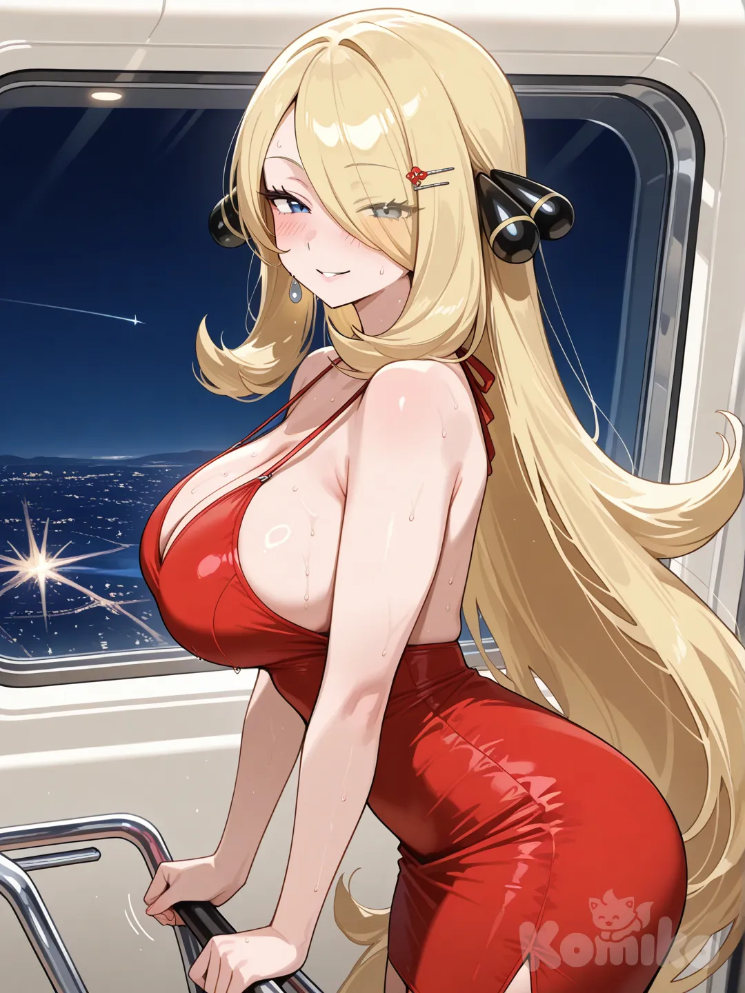 @Cynthia_(Pokemon), air hostess, hourglass body, looking at viewer, half-closed eyes, seductive smile, blush, pushing a cart, in an aeroplane, sweat, earrings, hair accessory, from side, very sweaty, sweatdrop, motion lines, white and red tight airhostess dress, no cleavage, skin tight, hairpin