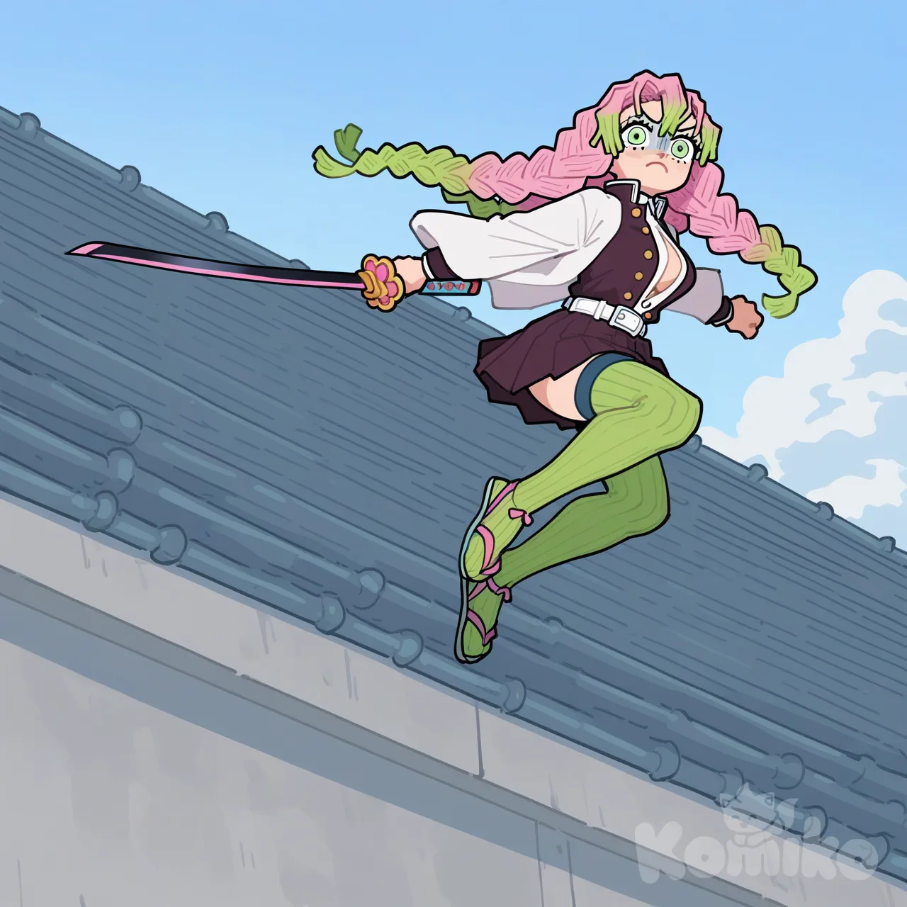 [flat-pastel-style], holding sword, evil Kanroji Mitsuri, jumping from rooftop, frown
