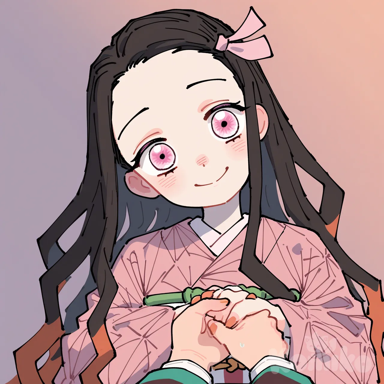 [flat-pastel-style], head tilt, Kamado Nezuko, Kamado Tanjirou, holding hands, smile