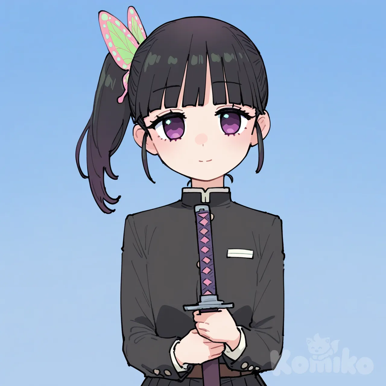Tsuyuri Kanao, [flat-pastel-style], holding sword, smile, expressionless