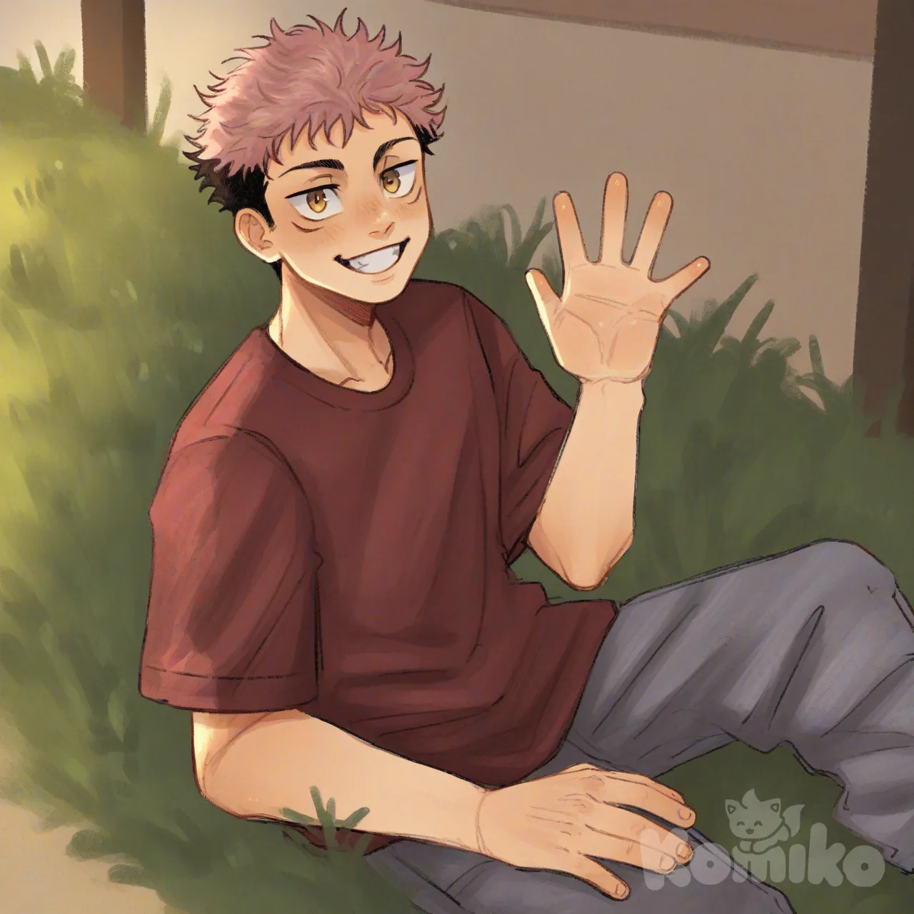 @Itadori_Yuuji, [soft-shaded-moe-style], waving, smile, sitting on the ground