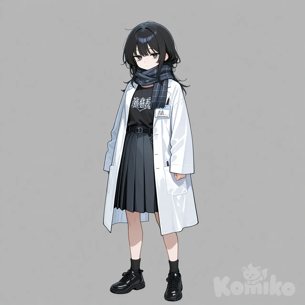 1girl, expressionless, t-shirt, lab coat, pleated skirt, scarf, charcoal black