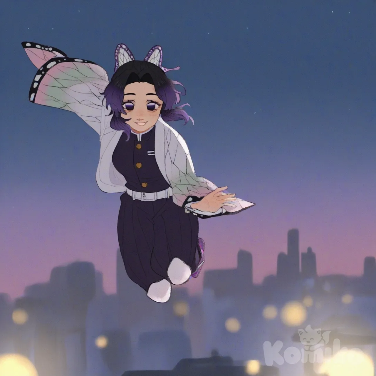 [soft-shaded-moe-style], Kochou Shinobu, smile, jumping from rooftop, headshot