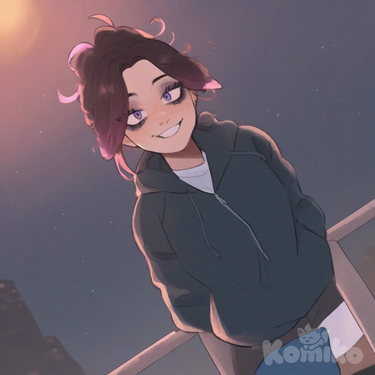 [soft-shaded-moe-style], @Kochou_Shinobu, smile, jumping from rooftop, upper body