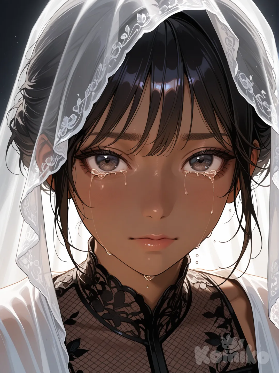 score_9, score_8_up, score_7_up, BREAK, The image is a high-resolution photograph of a person's face, taken in a dramatic, almost surreal style. The subject is a woman with black hair, a fair complexion and striking features. Her body is covered with a black translucent fabric that drapes over her shoulders, creating a ghostly, ethereal effect, which contrasts sharply with the black skin and the black film, white tears, crying