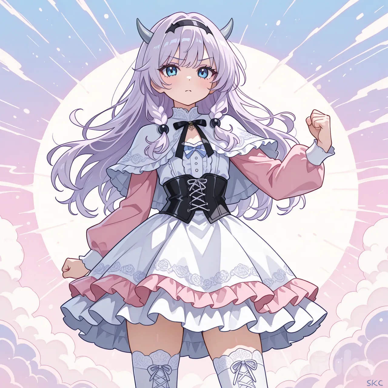This is a vibrant digital anime-style illustration featuring a girl with light purple hair, blue eyes, and small grey horns on her head. She wears a pink and white frilled dress with a lace-up front, long pink sleeves, and a white capelet. Her hair is adorned with black beads and a black hairband. She has white thigh-high socks and a determined expression. The background is a swirling mix of pastel colors, including pink, yellow, and blue, with abstract, cloud-like patterns. Her right hand is raised in a fist, while her left hand rests by her side. The image has a soft, whimsical feel, with delicate linework and a pastel color palette. The artist's signature is in the bottom left corner.
sinozick style, flat color, flat lighting, in the style of cksc, illustration, (extremely CG 8k), (very fine 8K CG), (ultra perfect piece:1.2), lat color, no lineart,(no lineart, flat art style:1.0), NO_LINE_ART, comical, simple