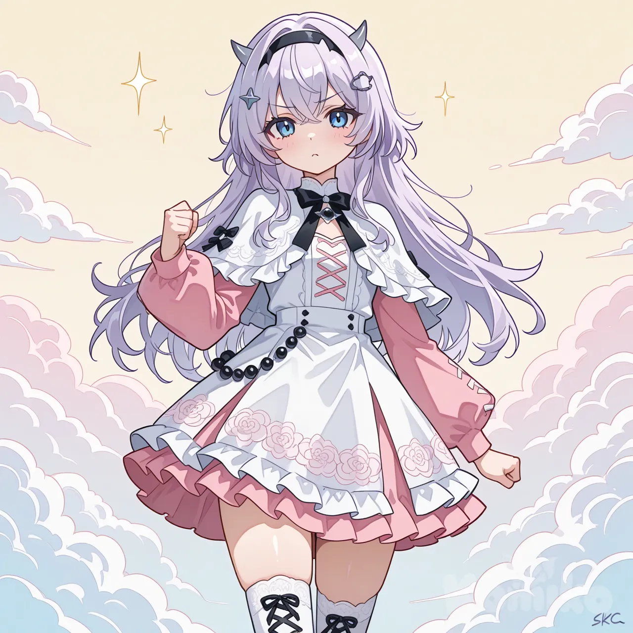 This is a vibrant digital anime-style illustration featuring a girl with light purple hair, blue eyes, and small grey horns on her head. She wears a pink and white frilled dress with a lace-up front, long pink sleeves, and a white capelet. Her hair is adorned with black beads and a black hairband. She has white thigh-high socks and a determined expression. The background is a swirling mix of pastel colors, including pink, yellow, and blue, with abstract, cloud-like patterns. Her right hand is raised in a fist, while her left hand rests by her side. The image has a soft, whimsical feel, with delicate linework and a pastel color palette. The artist's signature is in the bottom left corner.
sinozick style, flat color, flat lighting, in the style of cksc, illustration, (extremely CG 8k), (very fine 8K CG), (ultra perfect piece:1.2), lat color, no lineart,(no lineart, flat art style:1.0), NO_LINE_ART, comical, simple