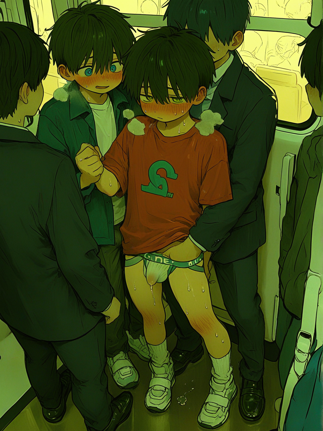 shota, 2boys, @demian-diaz-Mt6b is molested by @jorge-reina-Cdqs, in bus, precum, erection under clothes, en medio de una multitud, sudorosos, vaho, [sweet-painting-style]