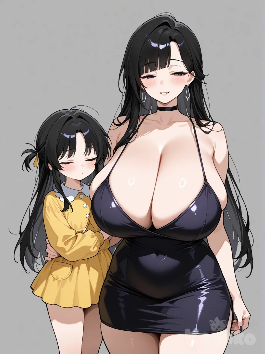 Only two person remained. And 2 characters,And 2 characters, Marebel(メアベル) Meabel (メアベル)(Her profession is " female monk". She has a cunning and manipulative personality. After conquering the "Lamentation Cemetery", she joined a party led by Elma along with Celt. ,above-eyebrow bangs,Short bangs,Long black hair with micro bangs,Character Settings( from The Exiled Heavy Knight Knows How to Game the System.Squinting eyes, eyes closed ,eyes not open.bangs. 
, full bodies visible, sagging breasts Extremely large breasts,Marebel (メアベル) Outfit: Bodycon Skirt
Super-large breasts (J-cup). Marebel(メアベル) Mature woman Height 190cm 
Marebel is dressed in a mother's outfit, specifically a low-cut dress. Her child stands beside her, and she is holding a child who looks remarkably like her. The child, who is 135 cm tall, is wearing a Japanese kindergarten uniform.