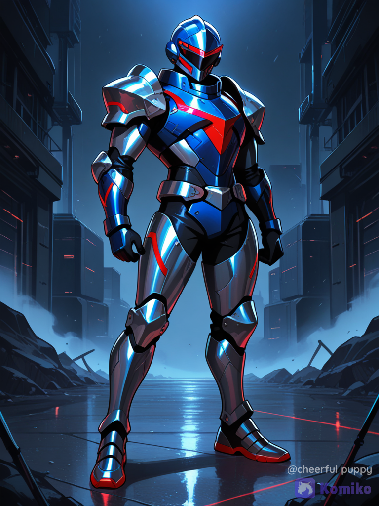 Make a man with blue silver and black armor and a blue helmet with a black visor covering his face and has red lines make the helmet smaller