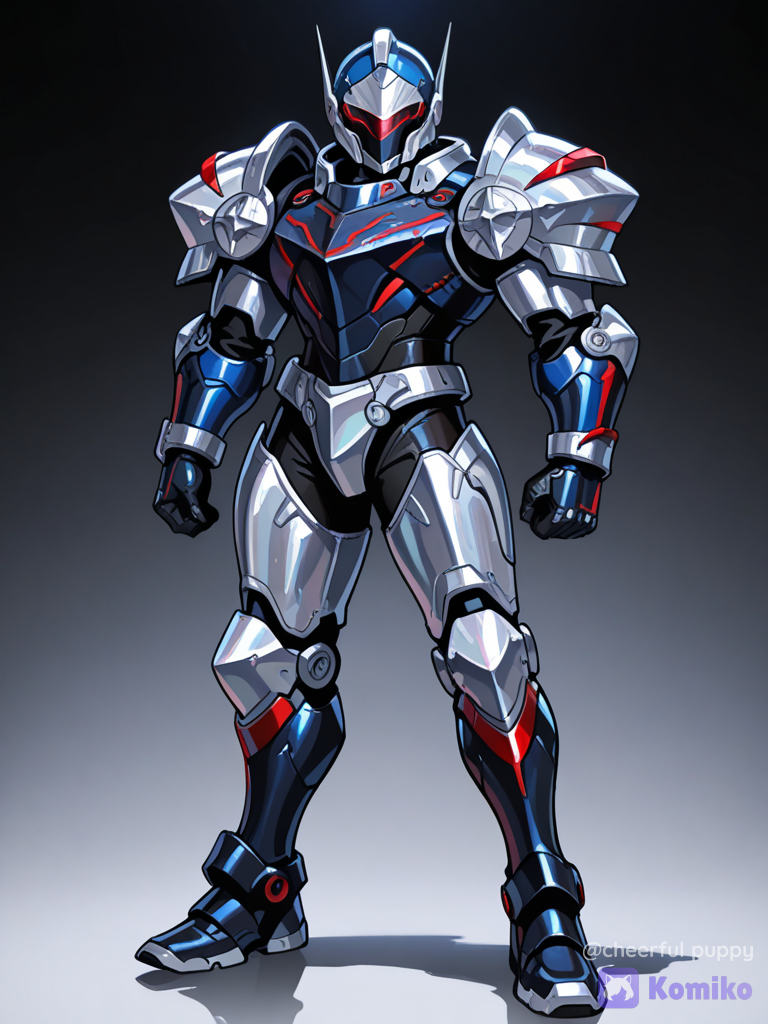 Make a man with blue silver and black armor and a blue helmet with a black visor covering his face and has red lines make the helmet smaller make the visor bigger with red lines
