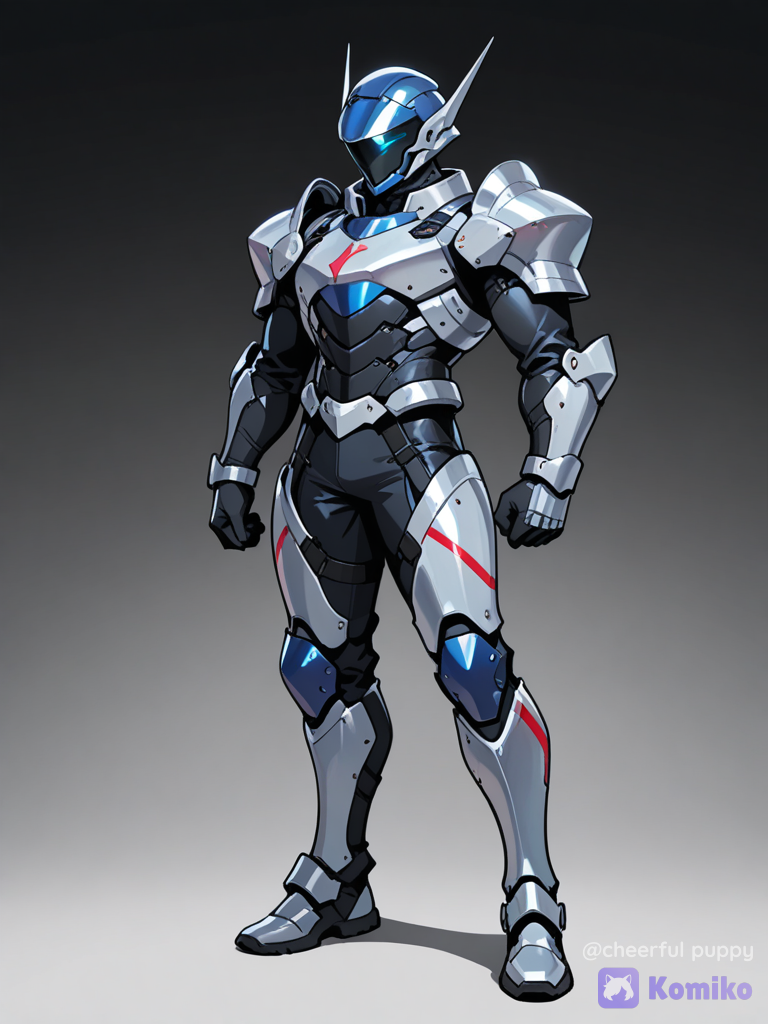 Make a man with blue silver and black armor and a blue helmet with a black visor covering his face and has red lines make the helmet smaller make the visor bigger with red lines make the armor less bulky