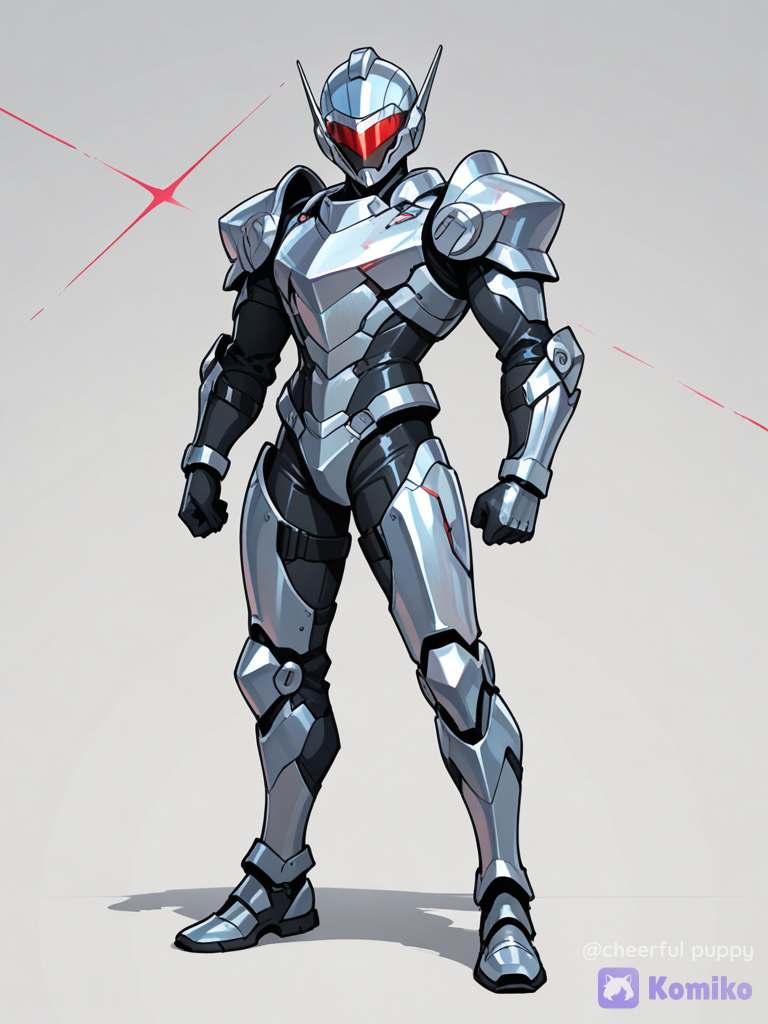 Make a man with blue silver and black armor and a blue helmet with a black visor covering his face and has red lines make the helmet smaller make the visor bigger with red lines make the armor less bulky add red lines to the visor