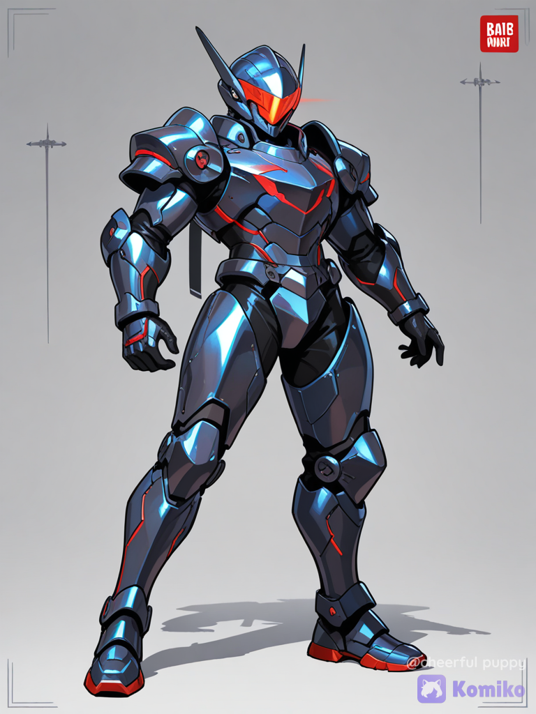 Make a man with blue silver and black armor and a blue helmet with a black visor covering his face and has red lines make the helmet smaller make the visor bigger with red lines make the armor less bulky add red lines to the visor add some blue