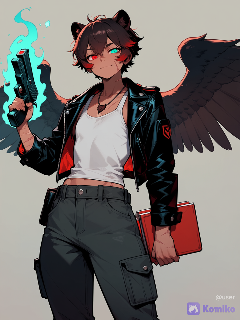 Real name is Eclipse, goes by Echo. She/her. Demiromantic and bisexual. Usually wears tank tops and pants, with a black leather jacket with red accents. Loves climbing and animals. One red eye, one teal eye. Wears a Jaguar necklace with real jaguar teeth. Childhood friends with Shoto Todoroki. Has Eijiro Kirishima as a ride-or-die best friend. Was abandoned at the age of six. Adopted by Katsuki Bakugo’s family when she was nine. Katsuki Bakugo treats her as a little sister. Has multiple scars from bullets and stab wounds while working in task force 141. Has a Glasgow smile scar. Has a boy-ish muscular build so is usually mistaken for a guy, especially by pick-me girls. Where’s binders just because. Keeps dark brown hair with red highlights cut short like a guy’s, because why not. Five foot ten inches. Favourite colour is red. Usually appears as a human with Jaguar ears and a tail, as well as black bird wings. Is a hybrid mix. Always keeps favourite desert eagle in back pocket. Is the best sharpshooter ever. Has a ghosting quirk, giving her teleportation, invisibility, telekinesis, phasing, possessing, and haunting (makes temperature drop and gives people hallucinations of their worst fears)