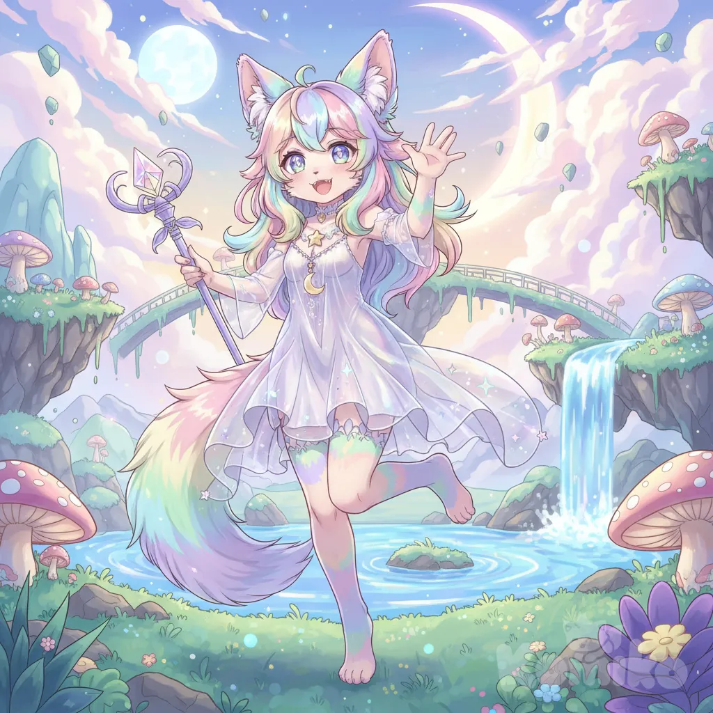 1girl, furry, anthropomorphic character, cute, smiling, colorful fur, vibrant eyes, playful pose, ultra background, fantasy setting, dynamic lighting, pastel colors