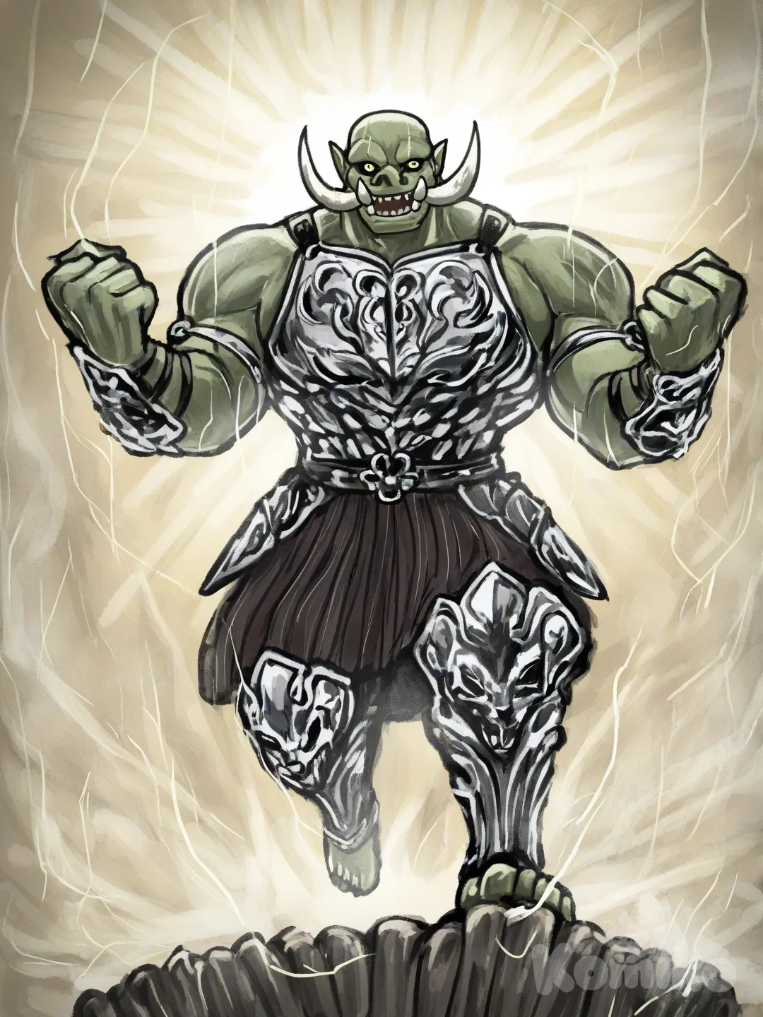 A half-orc shaman from the world of Dungeons and Dragons, affiliated with Orgrimmar, stands alone in a dynamic pose, casting a powerful spell with both hands raised. He wears a breastplate engraved with the symbol of a white lotus, complemented by tribal leather straps, bone jewelry, and fur accents. His muscular green-skinned physique is visible, with prominent tusks and intense, focused eyes. He is summoning ethereal, glowing totems that materialize around him, surrounded by magical energy and (falling ash:1.2) that drifts through the scene. The artwork is rendered in genkiheiki style with sketchy lines, colored sketch techniques, and crisp (white stroke:1.2) outlining all elements. The background is minimal, emphasizing the character and magical effects with a sticker-like composition. The image is highly showcasing intricate armor textures, magical glow effects, and dynamic motion, executed as a with artistry reminiscent of trending ArtStation works., [sketchy-painterly-style]