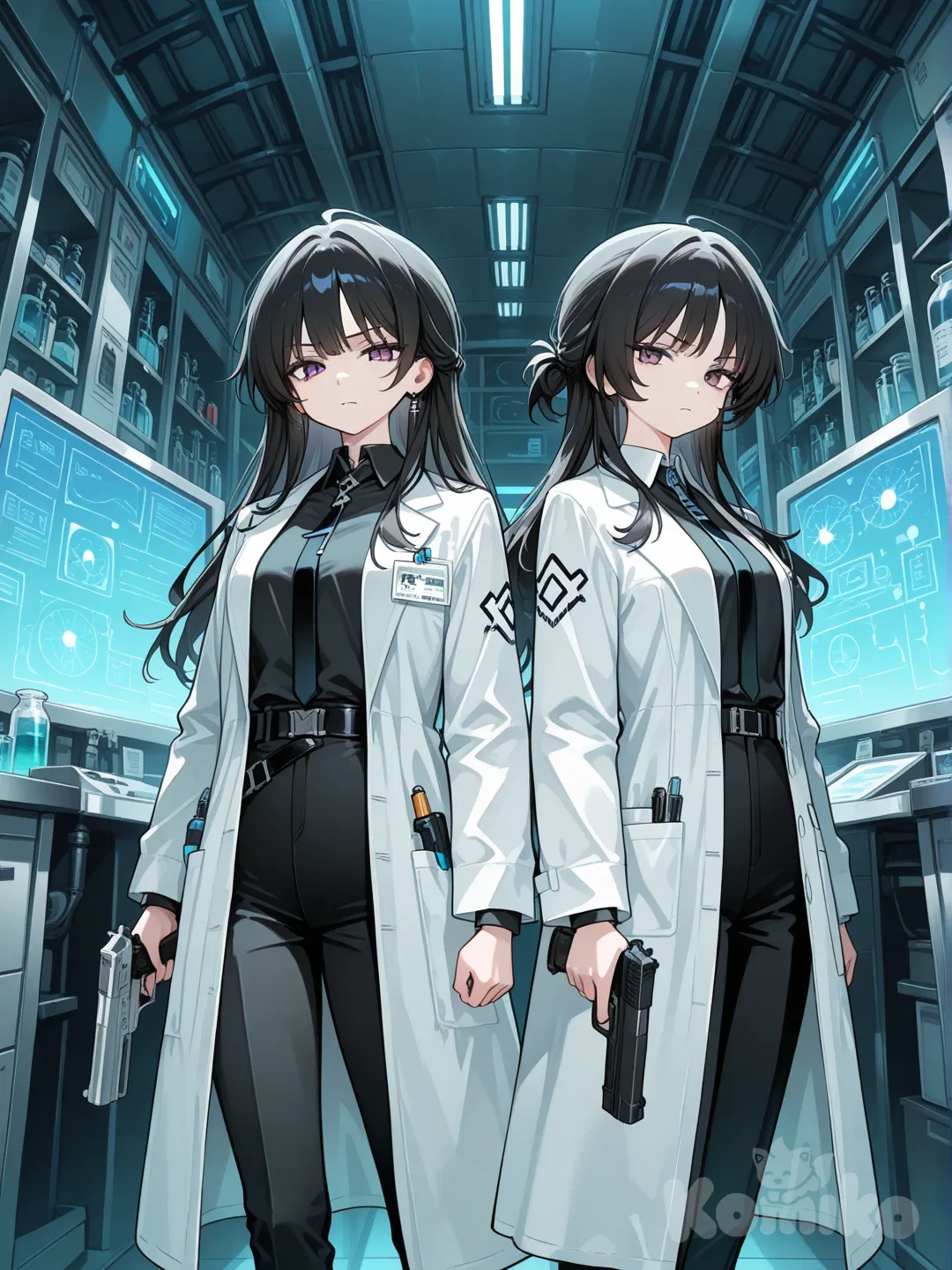 2girls, holding gun, lab coat, panoramic lens