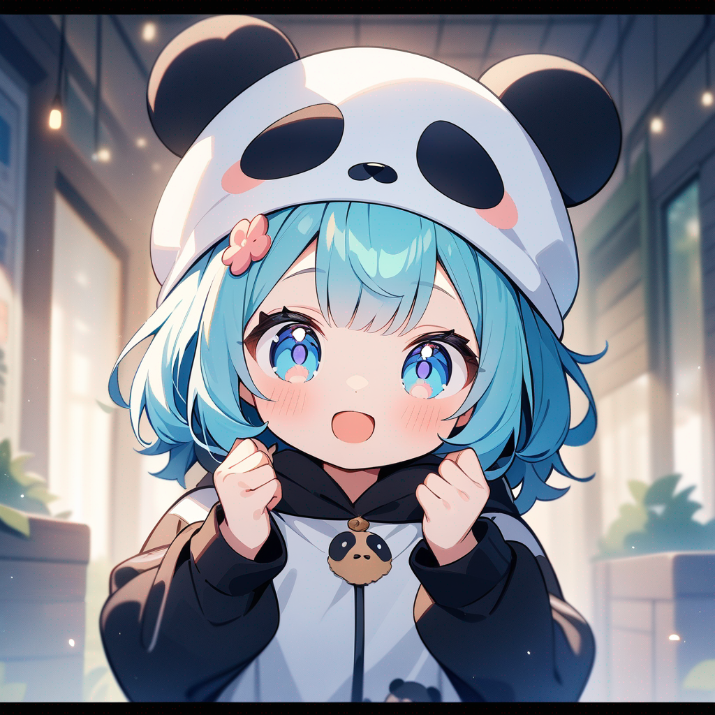 anime girl with panda hat, cute kawaii style, adorable character design