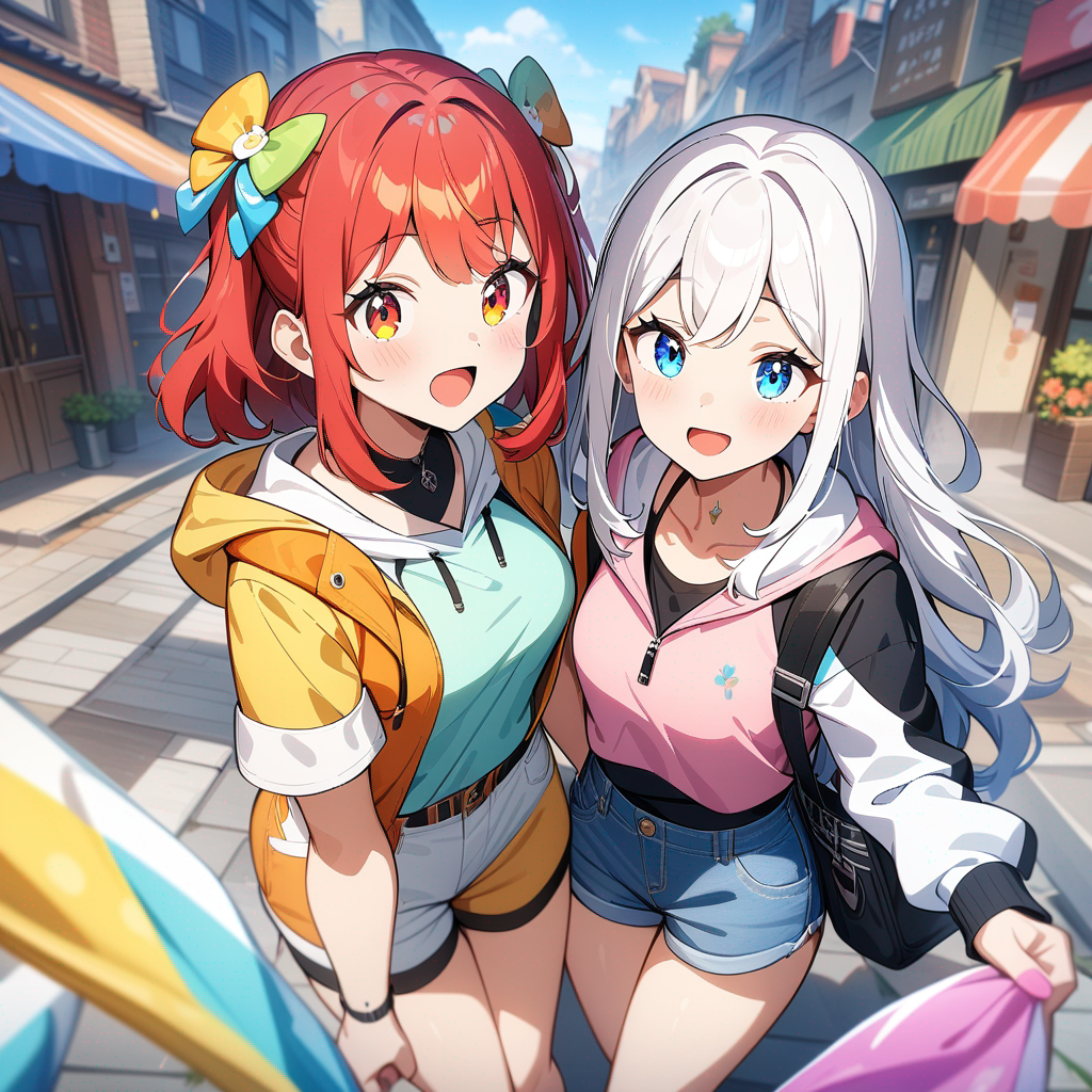 two anime girls, best friends, colorful anime style, artwork