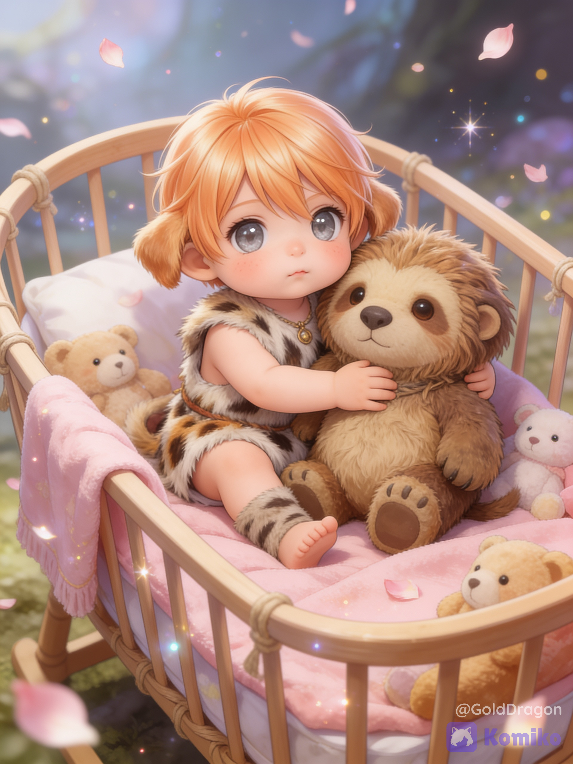 Miraculous cute baby @dais-yuunshi-GhsT, adorable platinum Orange haired baby boy, baby body, short platinum Orange hair, large sparkling gray eyes, cute expression, puppy-dog eyes and pouting, tiny shy mouth, noticeable blush, hugging a big ancient stuffed animal, sitting Big neolitic baby crib with pink blanket and stuffed animals inspired by a delicate fairy-like illustration, adorable baby, bebé vestido con pieles de animal, baby princess, dreamy atmosphere, soft lighting, innocent and wholesome mood, hiperrealistic illustration, smooth pastel shading, magical sparkles, neolitic fantasy aesthetic, neolitic background with floating petals and light particles, soft-focus composition, quality, gentle and heartwarming feeling