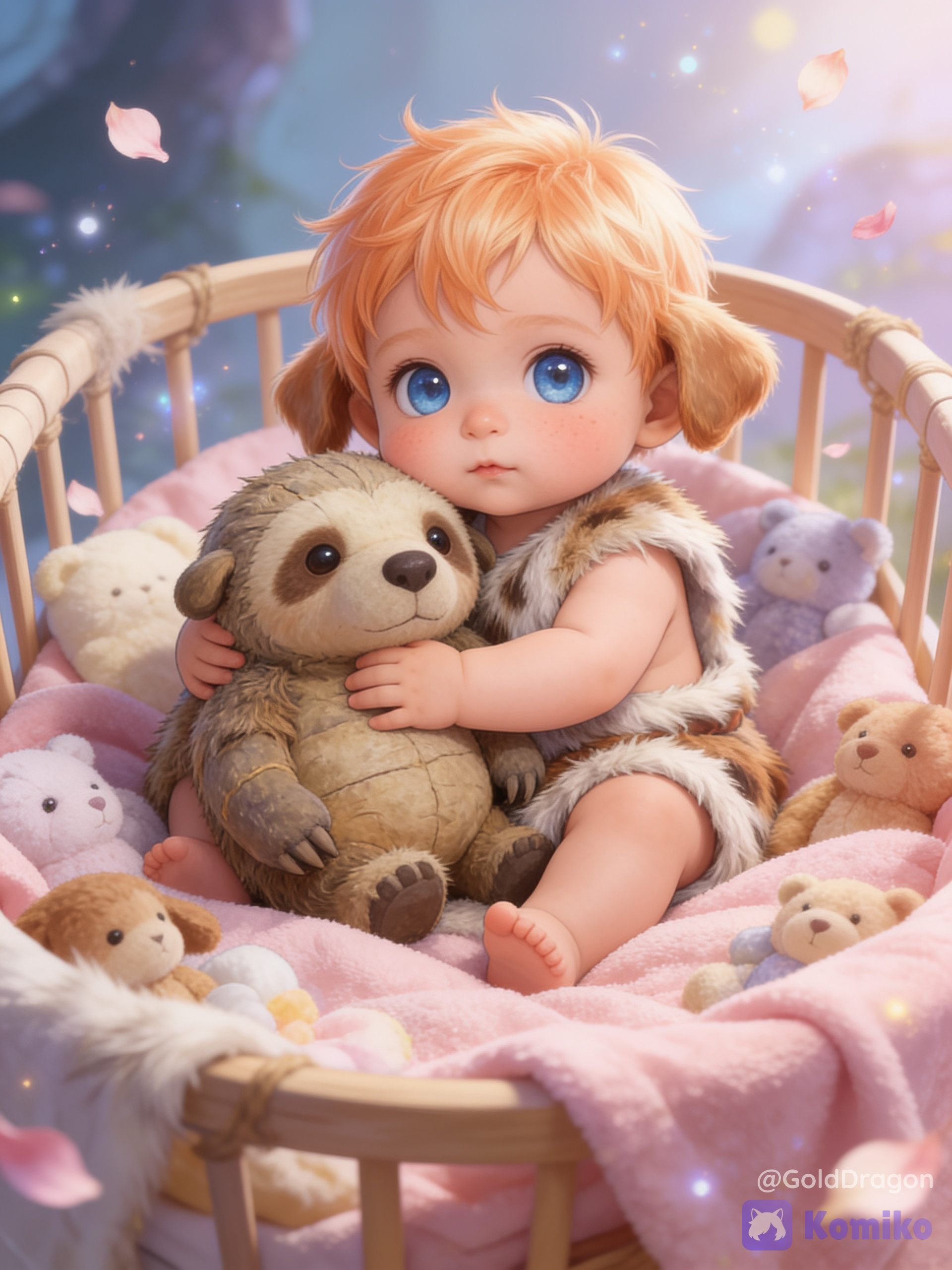 Miraculous cute baby @dais-yuunshi-GhsT, adorable platinum Orange haired baby boy, baby body, short platinum Orange hair, large sparkling blue eyes, cute expression, puppy-dog eyes and pouting, tiny shy mouth, noticeable blush, hugging a big ancient stuffed animal, sitting Big neolitic baby crib with pink blanket and stuffed animals inspired by a delicate fairy-like illustration, adorable baby, bebé vestido con pieles de animal, baby princess, dreamy atmosphere, soft lighting, innocent and wholesome mood, hiperrealistic illustration, smooth pastel shading, magical sparkles, neolitic fantasy aesthetic, neolitic background with floating petals and light particles, soft-focus composition, quality, gentle and heartwarming feeling