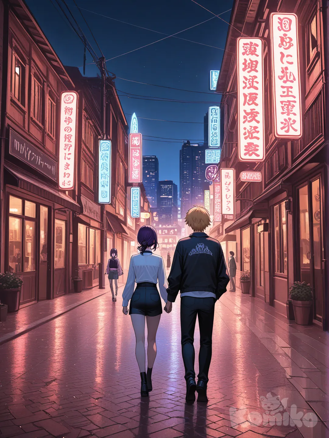 reze (chainsaw man), walking on the street with denji, midnight lights
