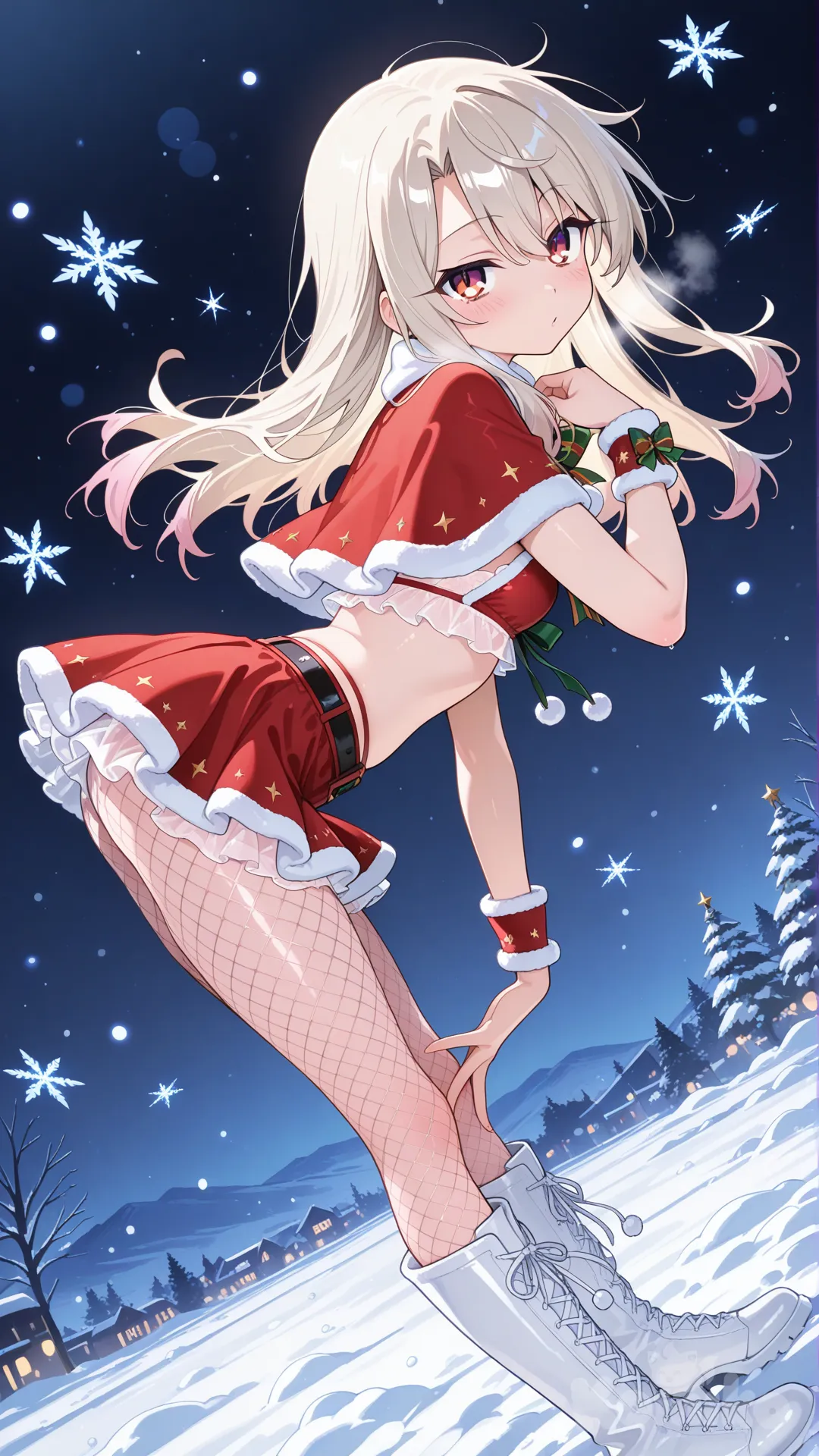 fate/kaleid liner prisma illya, dressing a christmas lingerie, fishnet pantyhose under christmas white boots, frilled christmas miniskirt, girl christmas valvet capelet, shiny snowing, shiny snow strings beautifying the entire image, christmas white plush bracelet, pornography, sexy dynamic pose