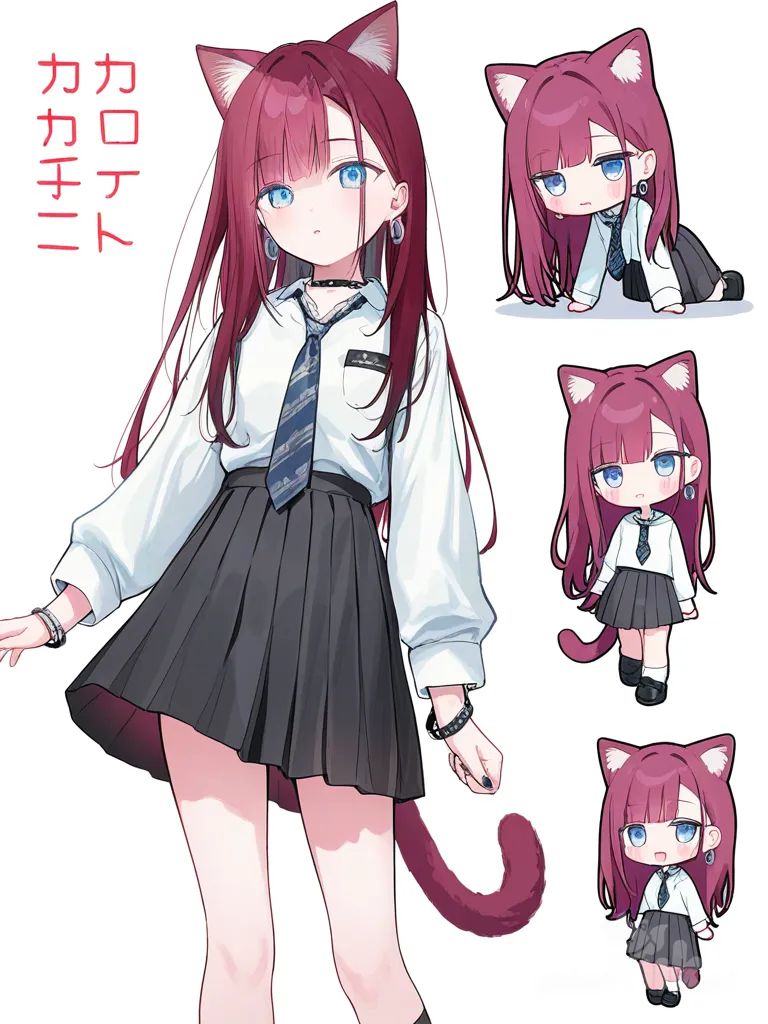 [soft-pastel-style] 1girl, chibi, teenager, short, petite, straight hair, maroon hair, long hair, blue eyes, fair skin, school uniform, studs, earrings, necklace, bracelet, cat ears, single character, full body, looking at viewer, anime style, simple background, white background