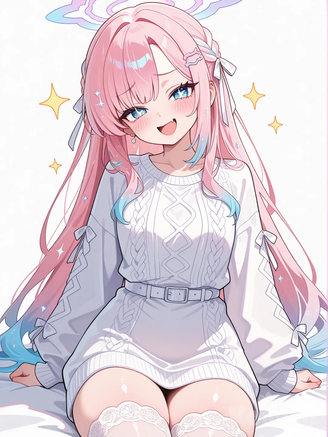 cute kawaii, (:1.3),ultra complex detail, maximum resolution, (aesthetic:1.3), (absurdres:1.3), 1girl, cute, 1girl, long straight hair, solo, head tilt, laughing, smug, one skin fang, small breast, coral hair, White ribbon, hair ribbon, shiny skin, long sleeves, asymetrical bangs hair, lace-trimmed legwear, lace-trimmed sweater, marine hair accessories