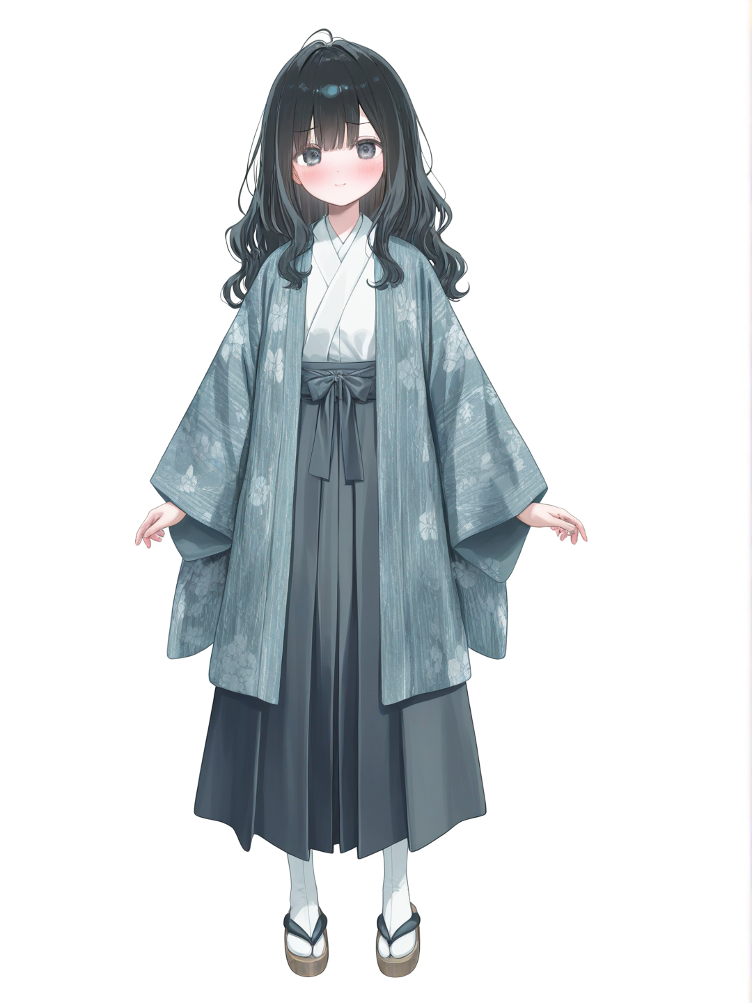 [soft-pastel-style] 1girl, teenager, solo, long wavy black hair, black eyes, haori, floral print, nichirin sword, blush, gentle expression, confident expression, ribbon, single character, full body, looking at viewer, anime style, simple background, white background