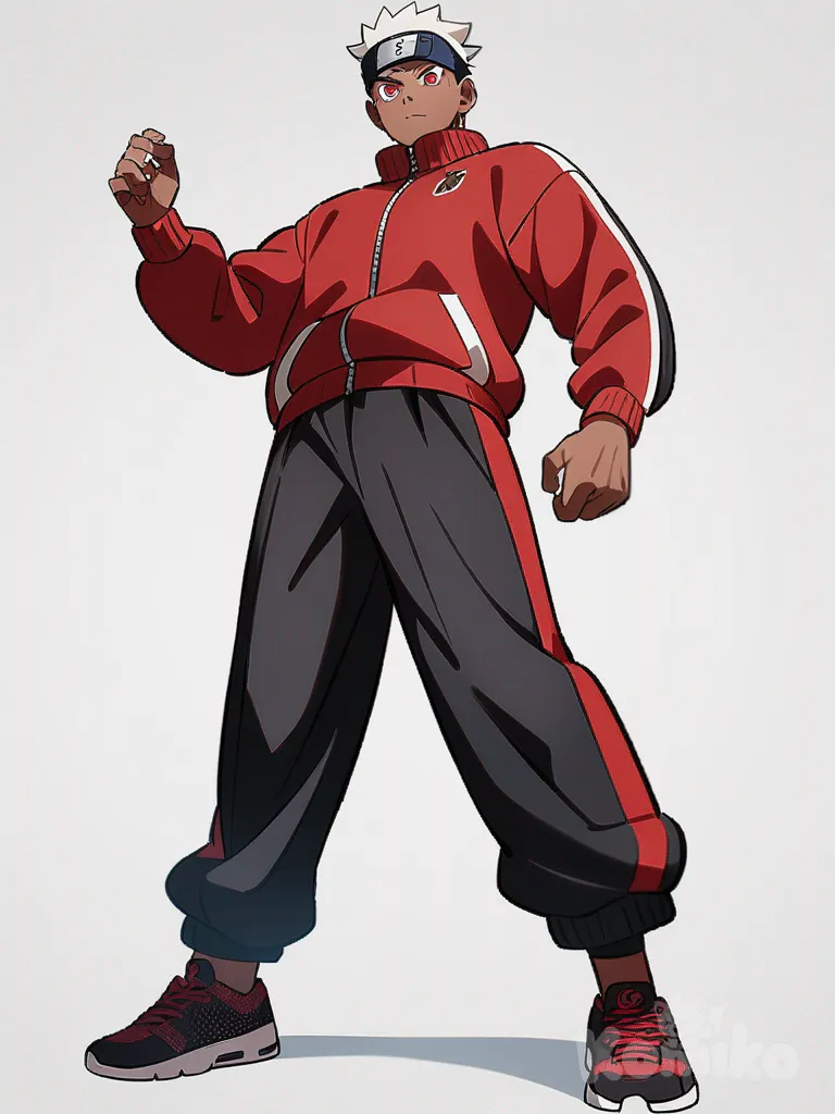 1boy, original character, Naruto style, teenager, athletic, red eyes, scar, tan skin, fair skin, headband, studs, tracksuit, black pants, red and black, suit pants, single character, full body, looking at viewer, anime style, simple background, white background