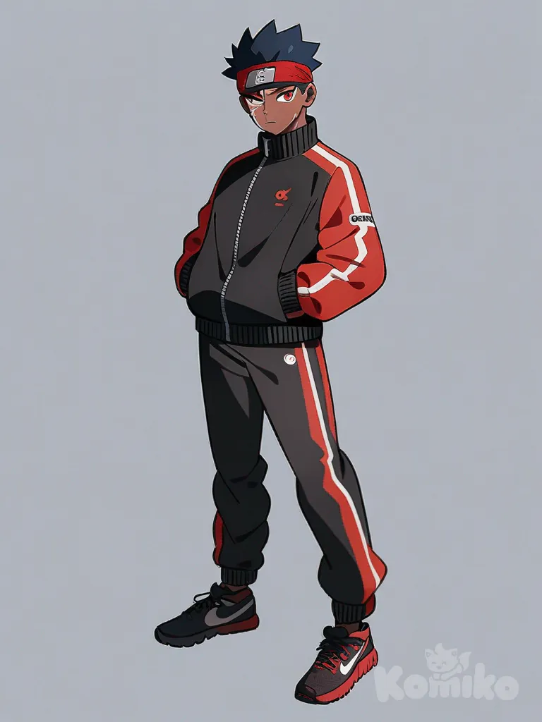 1boy, original character, Naruto style, teenager, athletic, red eyes, scar, tan skin, fair skin, headband, studs, tracksuit, black pants, red and black, suit pants, single character, full body, looking at viewer, anime style, simple background, white background