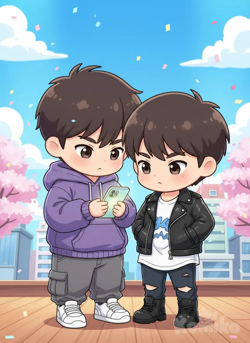 2boys, chibi, hands in pockets, looking at phone, full body, day, hoodie, leather jacket, t-shirt, stage