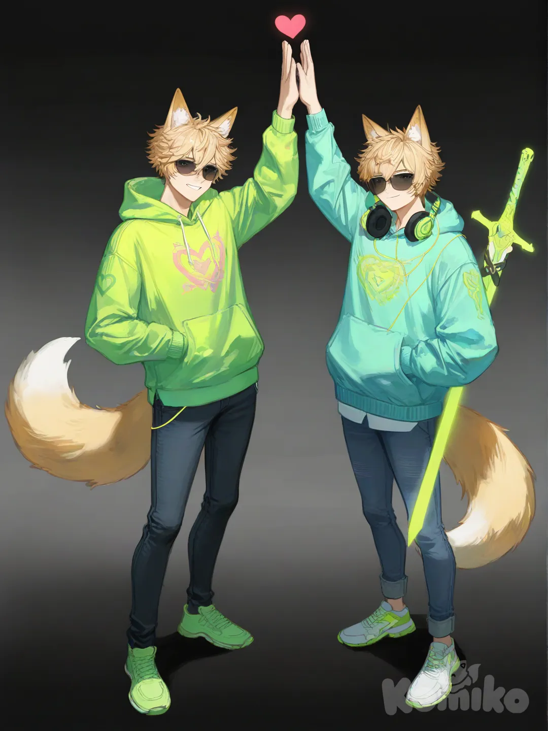 2boys, [moody-glow-style], hands in pockets, holding sword, heart hands, hoodie, jeans, sunglasses, headphones, fox ears, blonde hair, neon green, high five, smile, full body